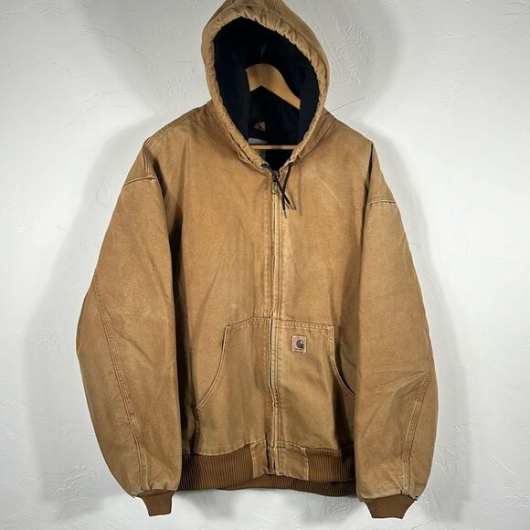 🔥🔥 Vintage CARHARTT Hooded Denim Jacket Quilt Lined Coat Men Sz 3XL - EUC - Picture 1 of 13